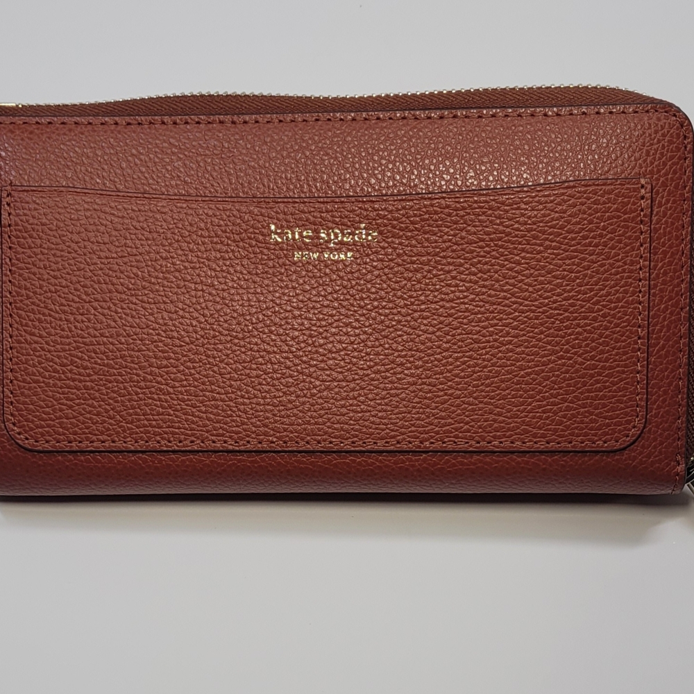 Kate Spade Chestnut Brown Pebbled Leather Eva L ZIP continental Wallet Clutch.